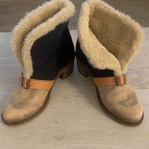 Free People Western Two Toned Blue and Tan Fur Belted Booties 38